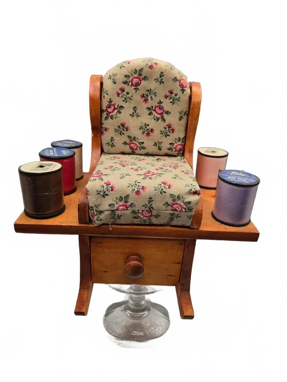 Vtg Wooden miniature Sewing Chair with Storage Drawer and pincushion